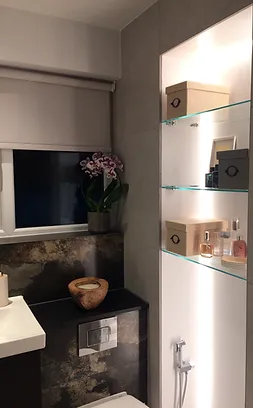 bathroom design, view on the shelf with special light effects